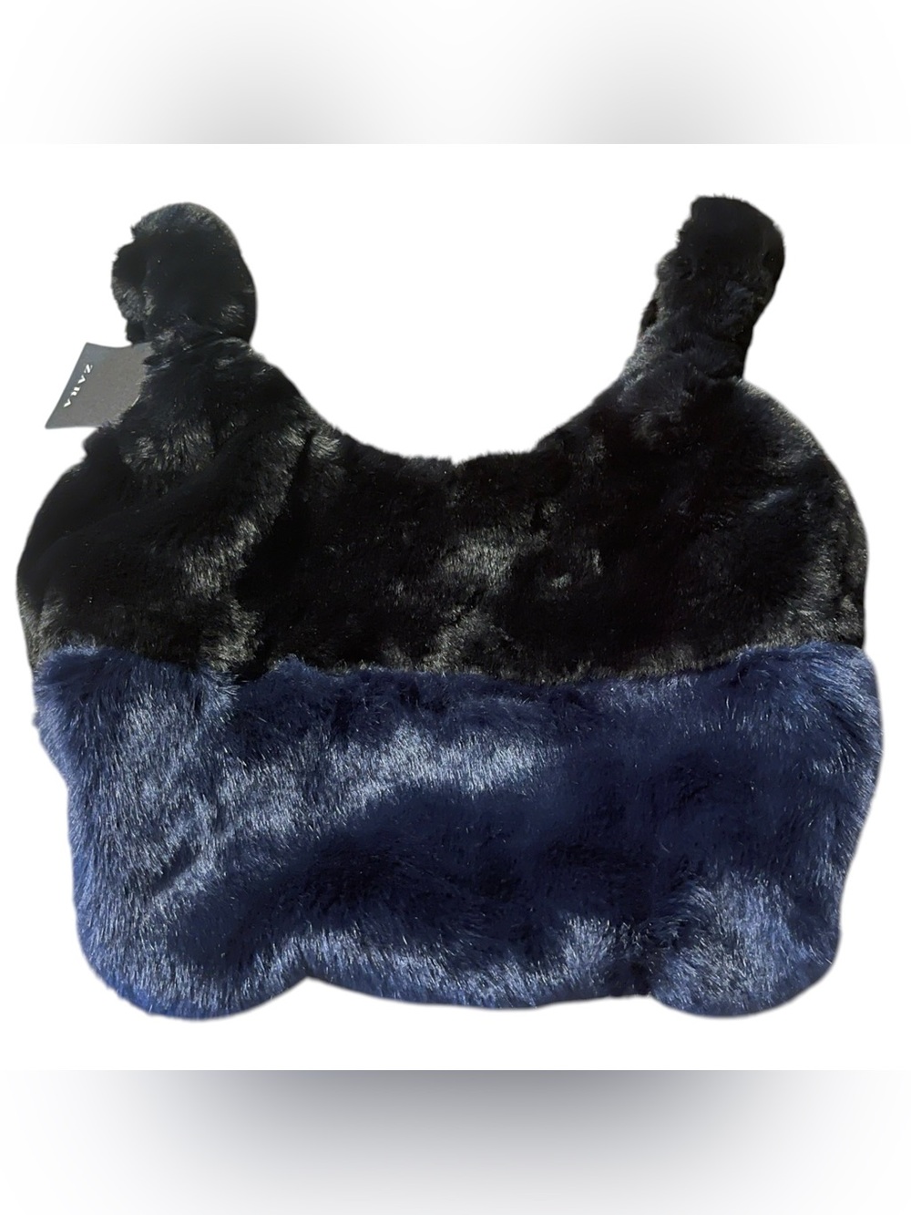 Zara Basic Collection Faux Fur Tote Bag Navy & Black Colorblock Shoulder Bag NWT